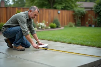 Homme en vêtements de travail mesurant un patio en béton frais