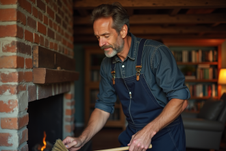 Homme en bleu de travail nettoyant une cheminée