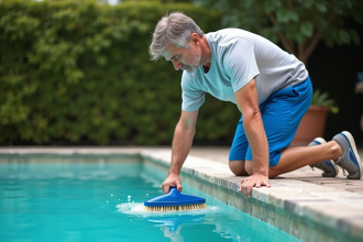 Homme en shorts bleus nettoyant le bord de la piscine