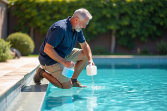Homme versant du chlore dans une piscine extérieure
