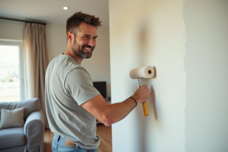 Homme moyenâgeux souriant peignant un mur intérieur