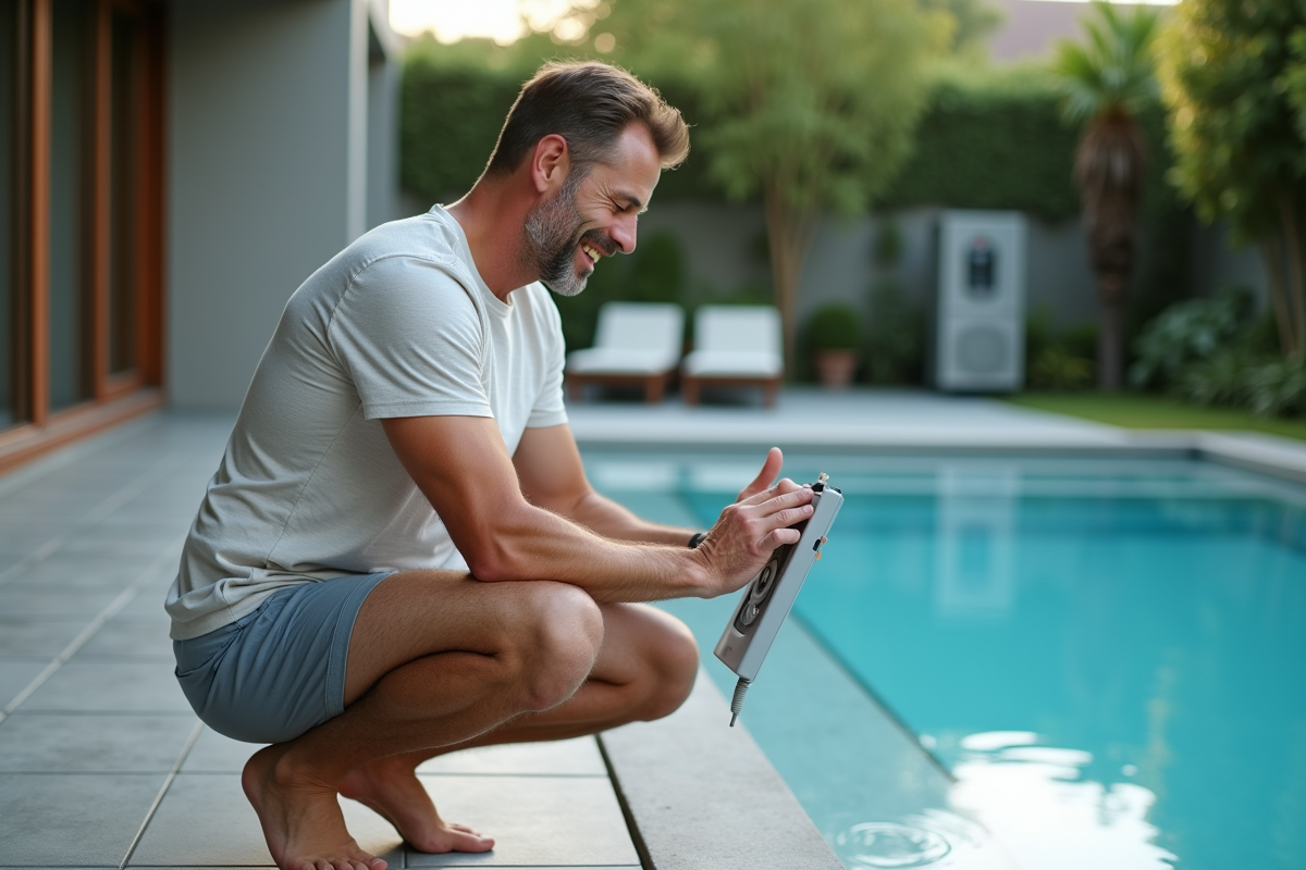 Homme d'âge moyen vérifiant la pompe à chaleur près de la piscine
