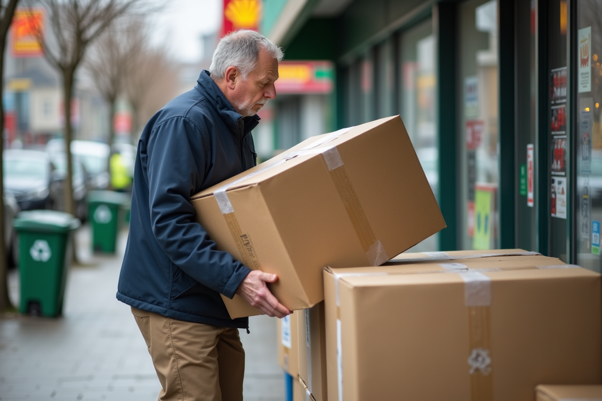 Homme récupère une boîte en carton devant un supermarché