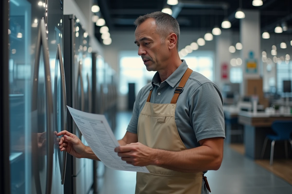 Homme vérifiant un réfrigérateur en magasin avec un technicien