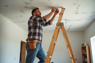 Homme en jeans appliquant du joint sur un plafond humide