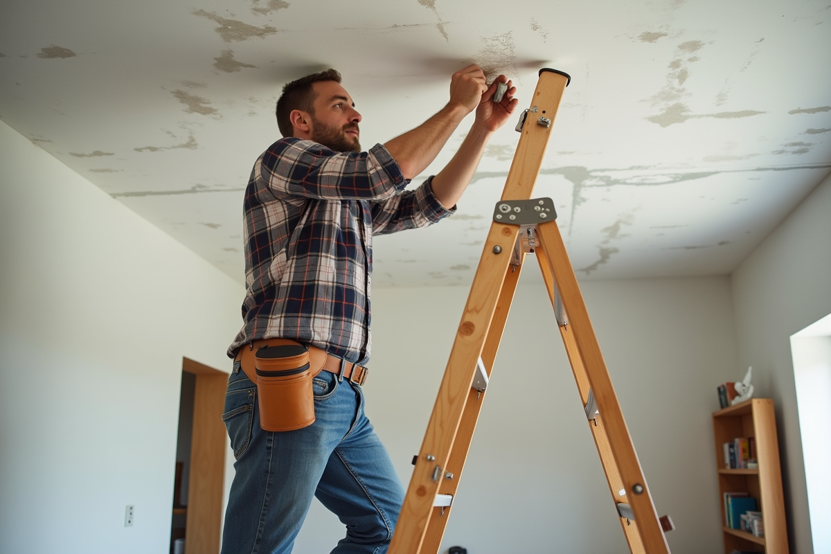 Homme en jeans appliquant du joint sur un plafond humide
