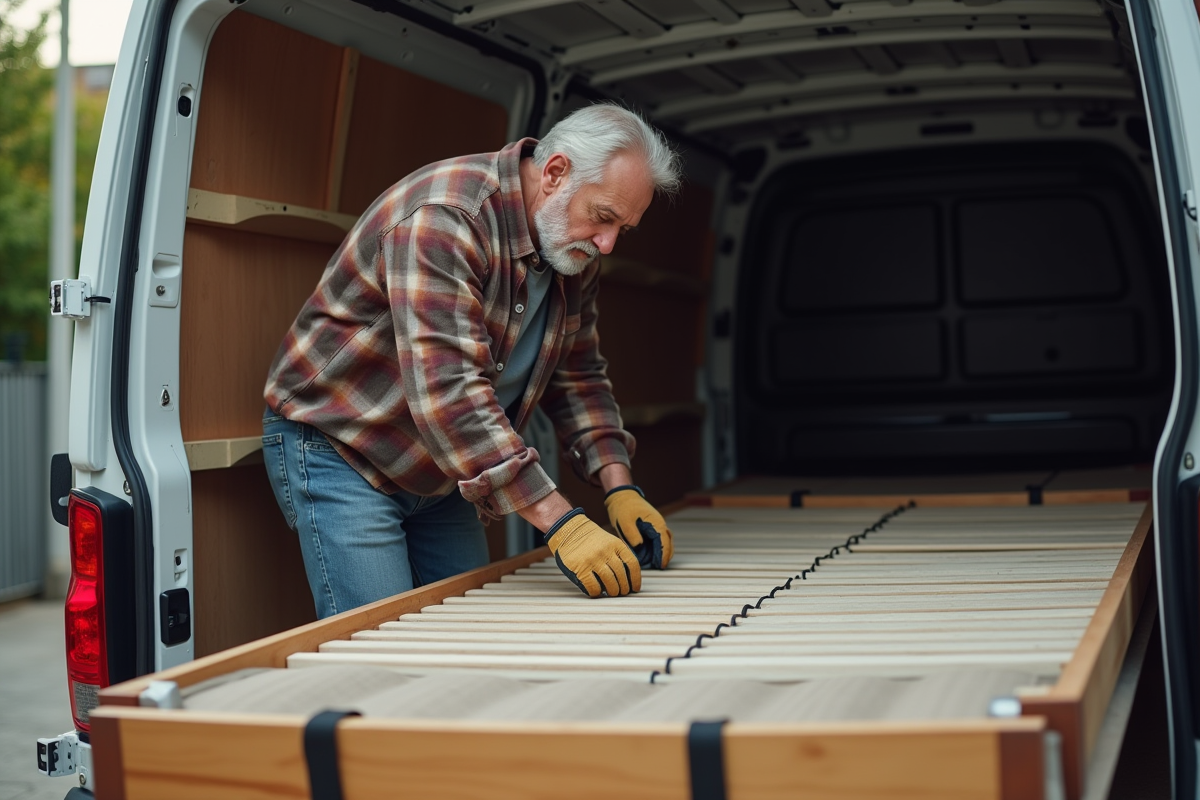 Homme attachant un lit dans un camion de déménagement