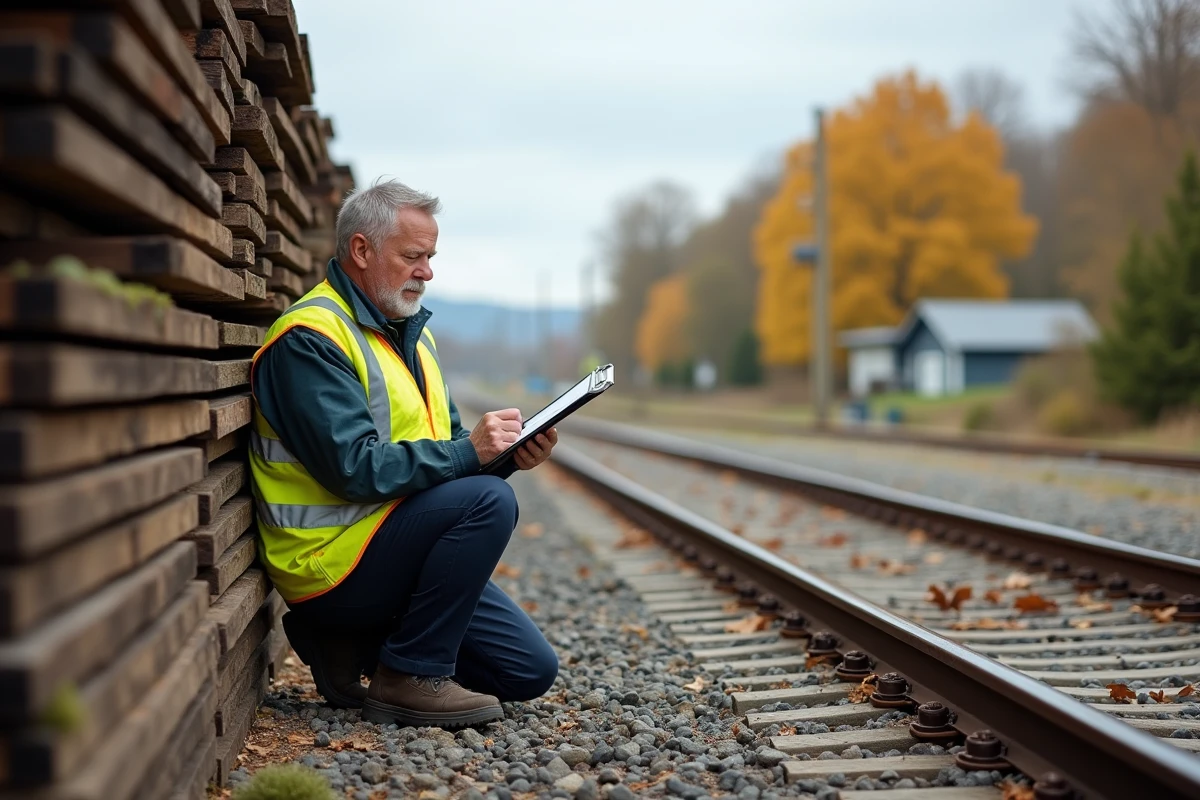 Homme en tenue de sécurité vérifiant des traverses de chemin de fer