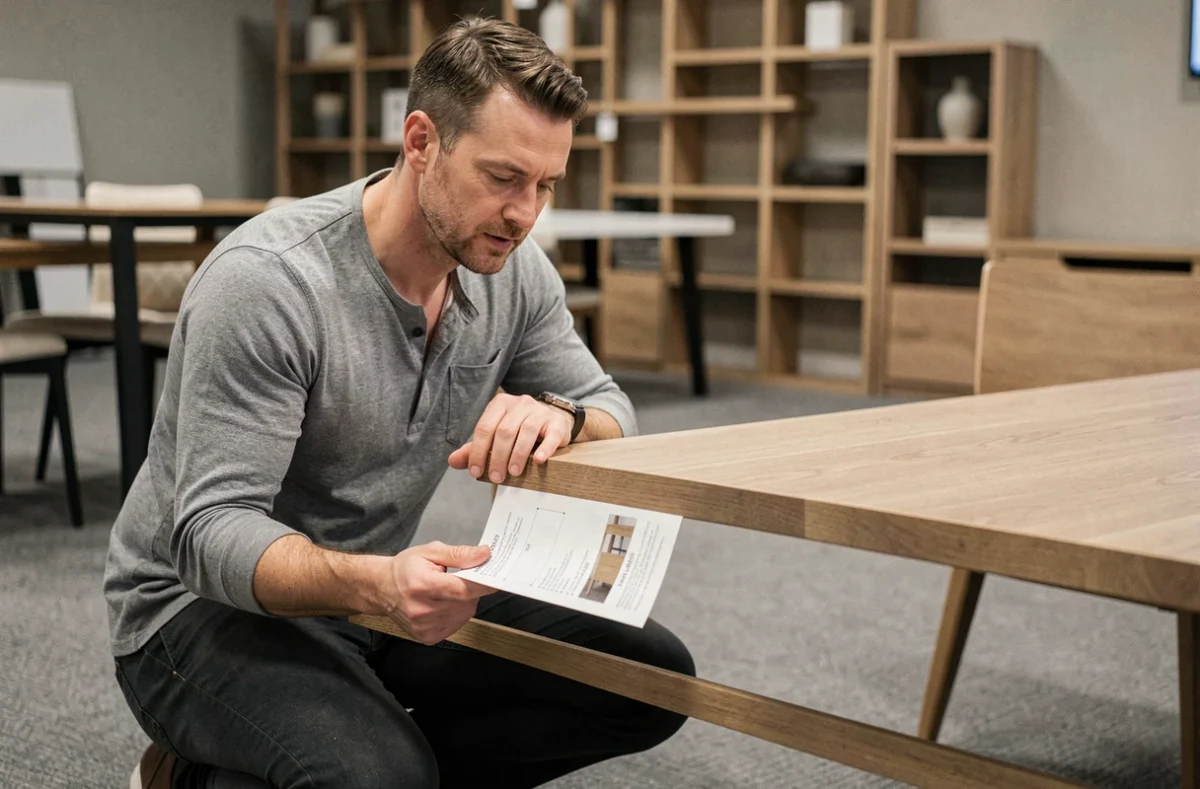 Homme comparant les dimensions d'une table extensible dans un showroom de meubles avant achat pour 6 personnes