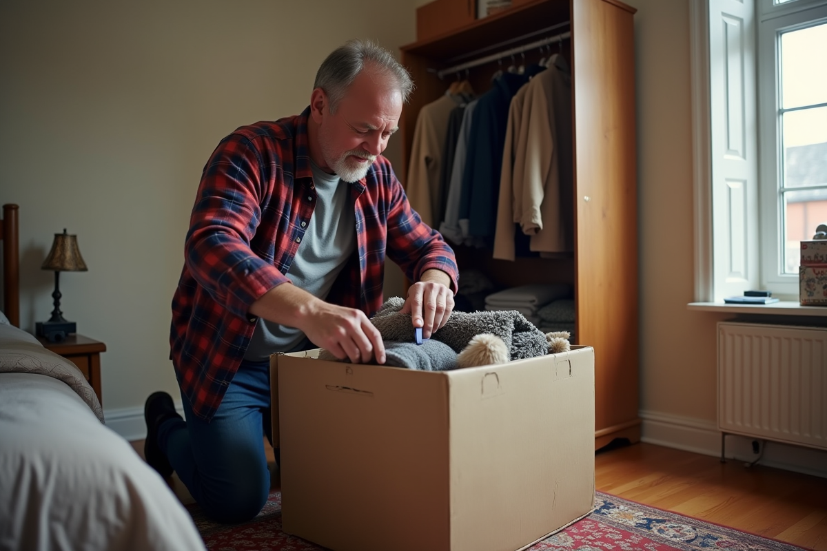 Homme ferme une boîte de manteaux dans une chambre