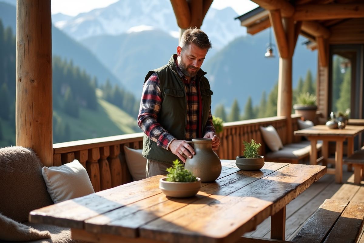 Homme posant un vase en céramique sur une table en bois dans une véranda alpine