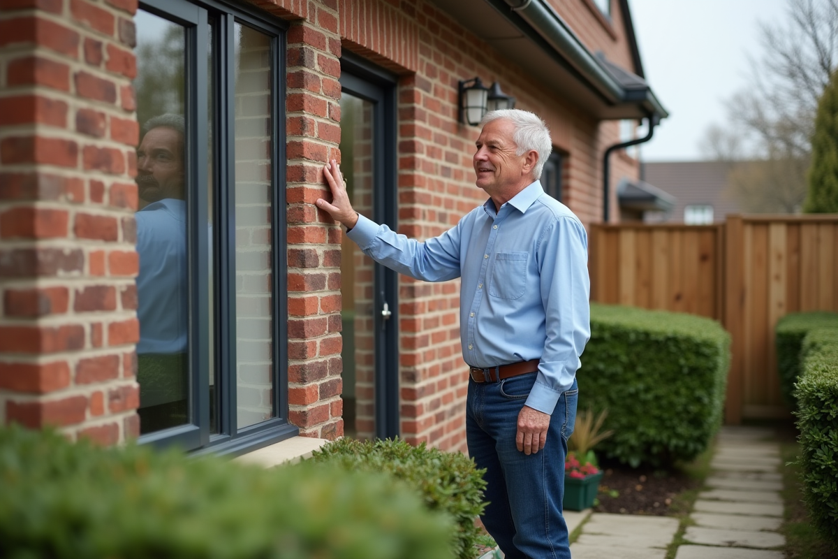 Homme inspectant une nouvelle fenetre energie dans un jardin