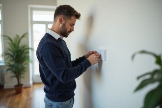 Homme examinant une prise électrique sans terre dans un salon moderne