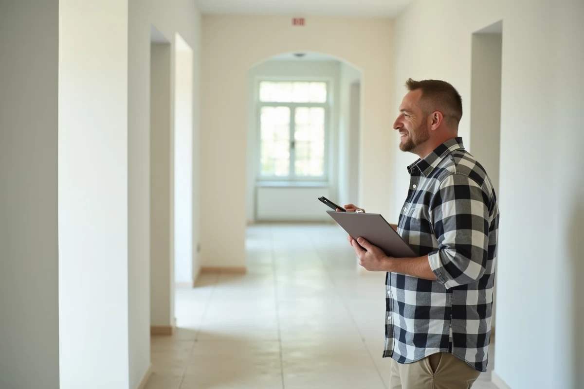 Homme inspectant un sol PVC neuf dans un couloir lumineux