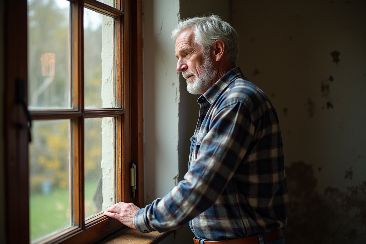Homme d'âge moyen examine une vieille fenêtre en bois dans sa maison