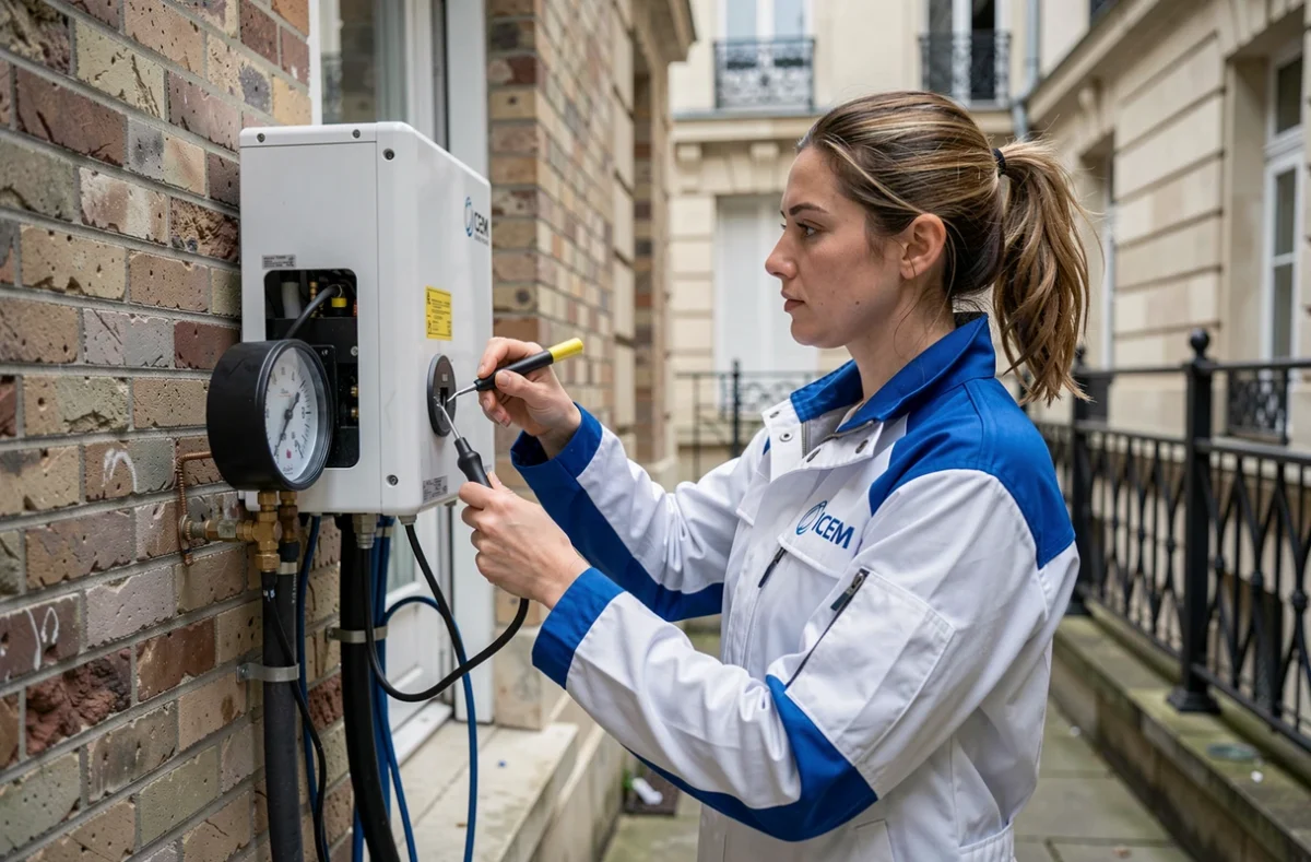 Technicienne ICEM Rénovation inspectant les connexions d'une pompe à chaleur dans une cour parisienne