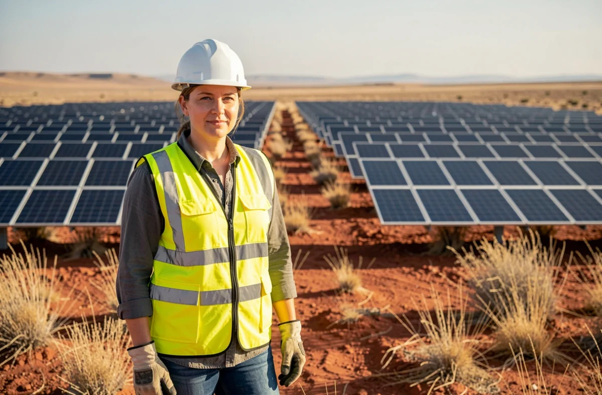 Ingénieure inspectant une ferme solaire industrielle à grande échelle dans un environnement aride, symbolisant l'expansion des énergies renouvelables