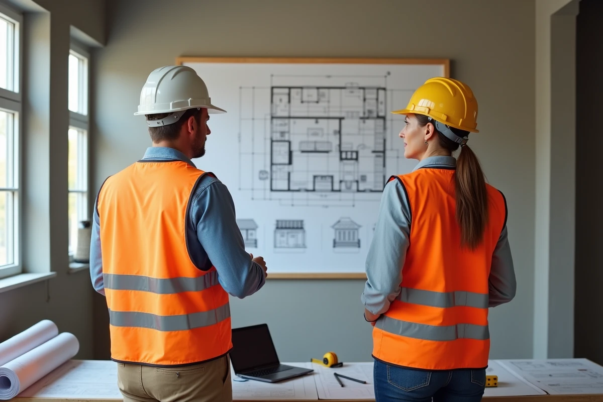 Deux ingénieurs électriciens discutant du placement d'un tableau déporté sur des plans de construction dans un bureau de chantier