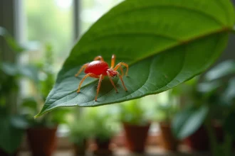 Gros plan macro d'un petit insecte rouge sur une feuille de plante d'intérieur avec toile fine visible