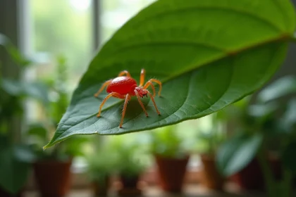 Gros plan macro d'un petit insecte rouge sur une feuille de plante d'intérieur avec toile fine visible