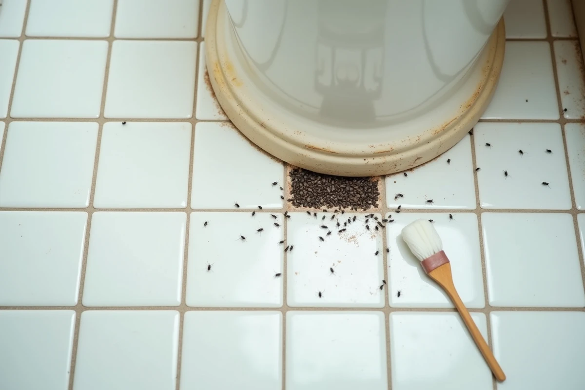 Petites bêtes noires regroupées dans les joints d'une salle de bain humide, révélant une infestation liée à l'humidité