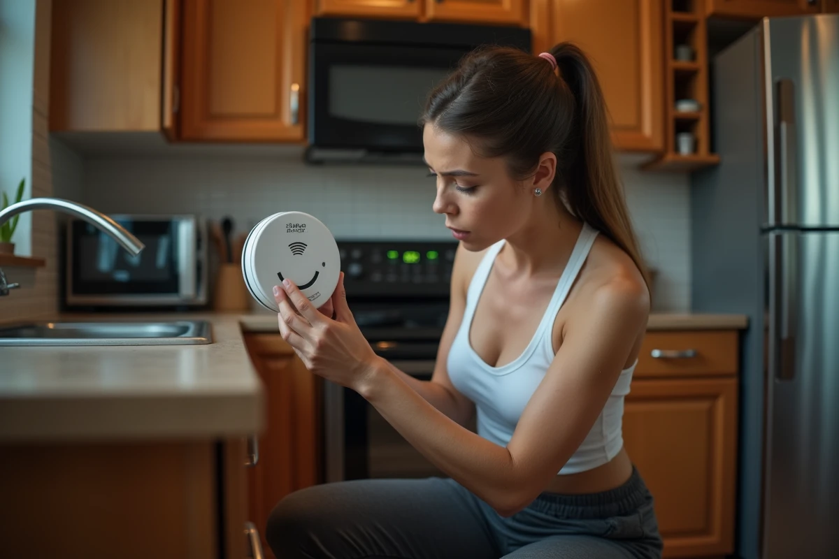 Femme inspectant de près un détecteur de fumée décroché du plafond dans une cuisine la nuit avec l'horloge affichant 2h47