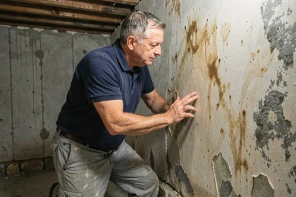 Professionnel du bâtiment inspectant des traces d'humidité et de moisissures sur un mur intérieur en sous-sol