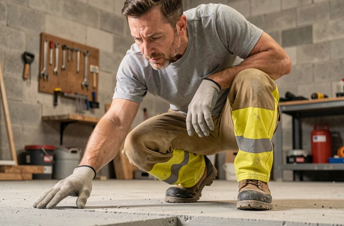 Technicien inspectant la surface d'un sol béton brut dans un local professionnel pour évaluer l'usure et la conformité