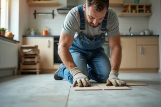 Installateur de carrelage en train de poser une tuile dans une cuisine
