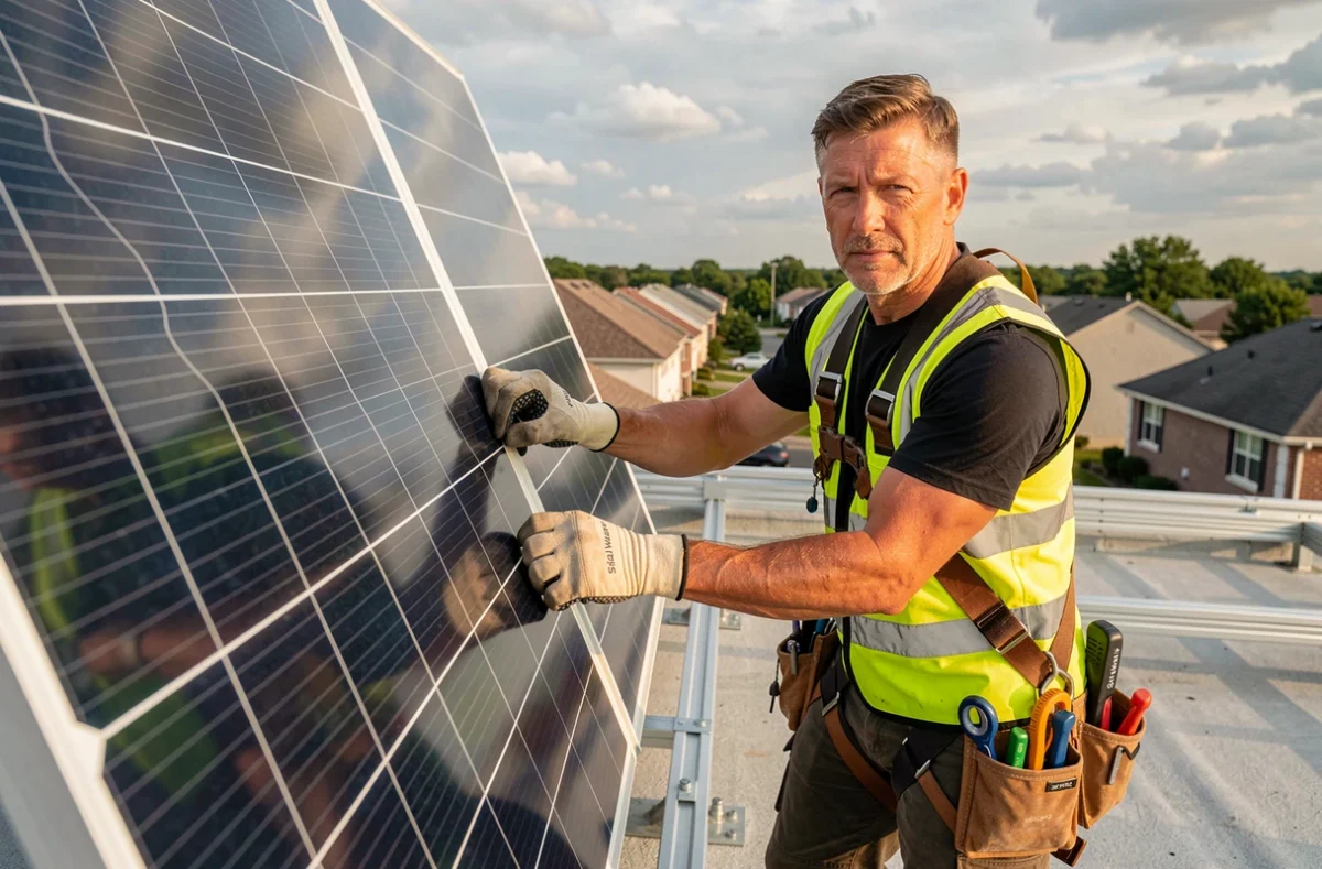 Technicien installant un panneau solaire Solarwatt sur une toiture résidentielle