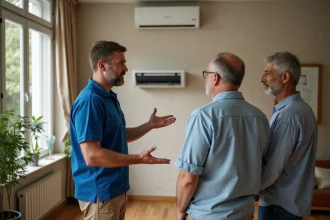 Installateur ventilation moderne expliquant à un couple