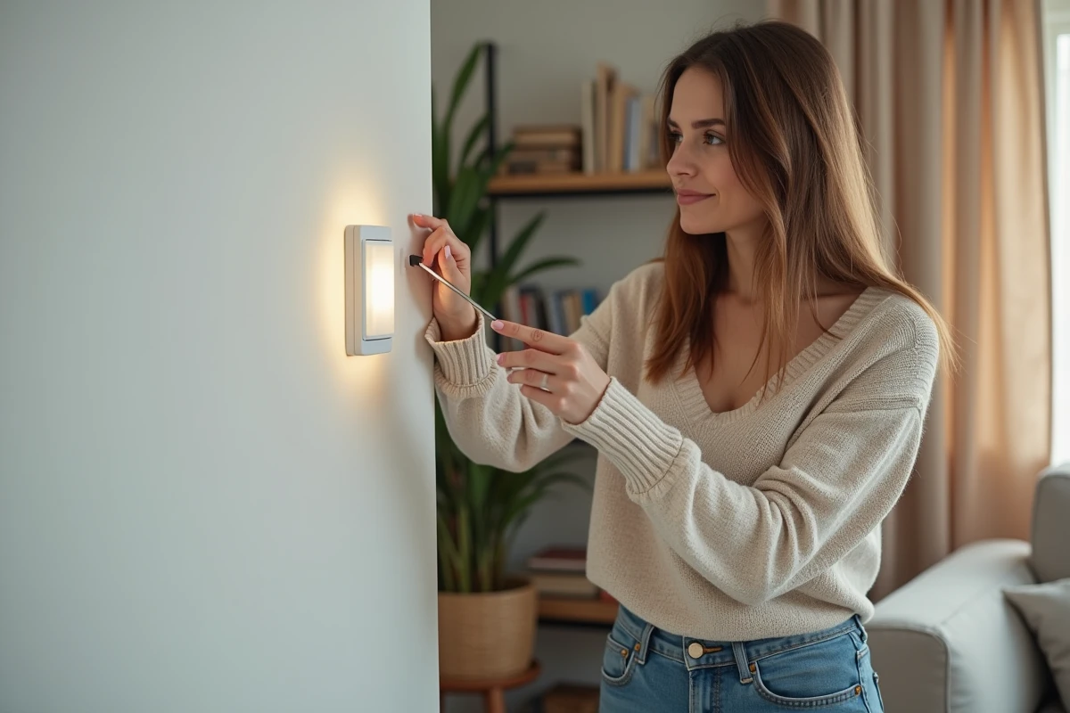 Femme installant un interrupteur sans fil dans un salon moderne