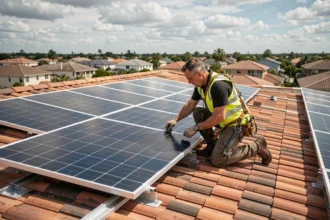 Installateur professionnel posant des panneaux solaires photovoltaïques sur un toit en tuiles lors de l'installation d'un kit 9 kW