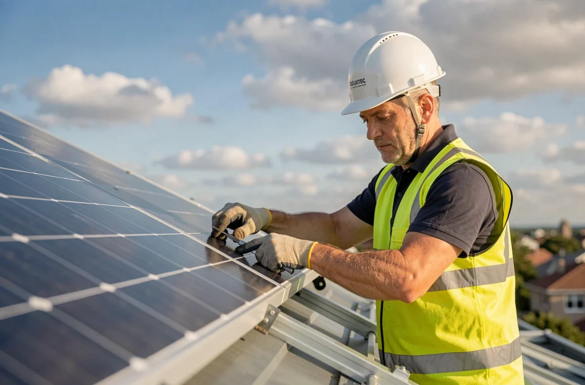 Technicien installant un panneau solaire Soluxtec sur un toit résidentiel