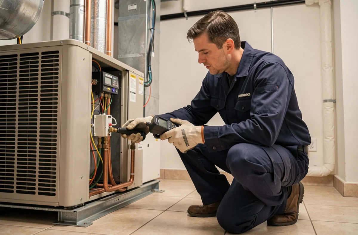 Technicien HVAC installant une pompe à chaleur De Dietrich dans une chaufferie résidentielle