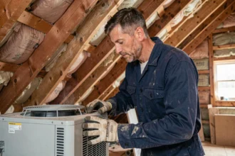 Technicien inspectant l'installation d'une pompe à chaleur sous toiture dans un espace de combles avec poutres en bois apparentes