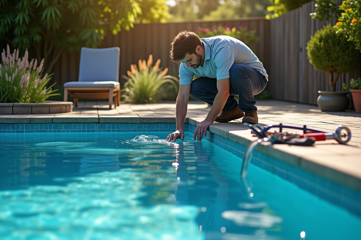 Technicien installant un systeme de chauffage pour piscine