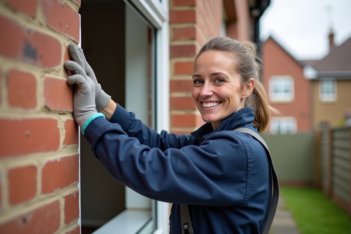 Femme installatrice pose une fenêtre double vitrage sur une façade en briques