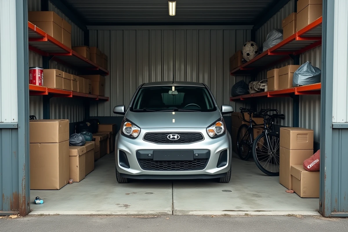 Intérieur d'un box garage avec voiture et affaires personnelles entreposées illustrant les besoins d'assurance