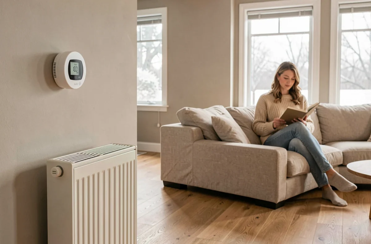 Intérieur chaleureux d'un salon avec thermostat connecté et radiateur alimenté par une pompe à chaleur air eau