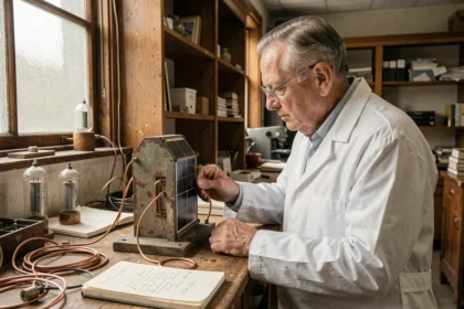 Scientifique examinant un prototype de cellule photovoltaïque vintage dans un laboratoire des années 1950, illustrant l'invention des panneaux solaires