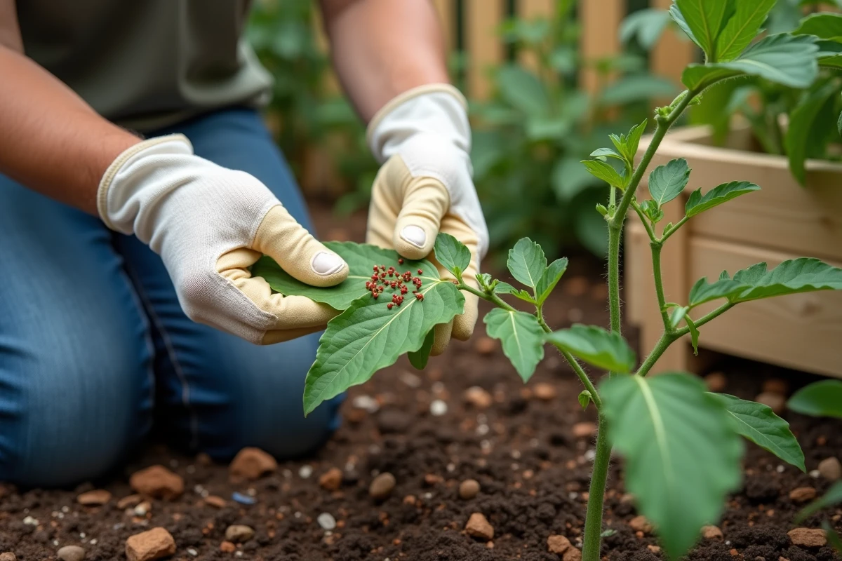 Jardinier inspectant des feuilles de tomate infestées de petits insectes rouges dans un potager domestique