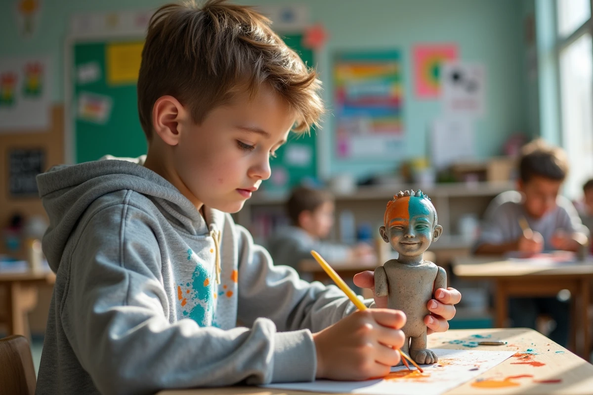 Adolescent en classe modelant une sculpture en argile avec des couleurs vives