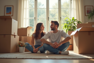 Jeune couple fatigué entouré de cartons dans un salon ensoleille