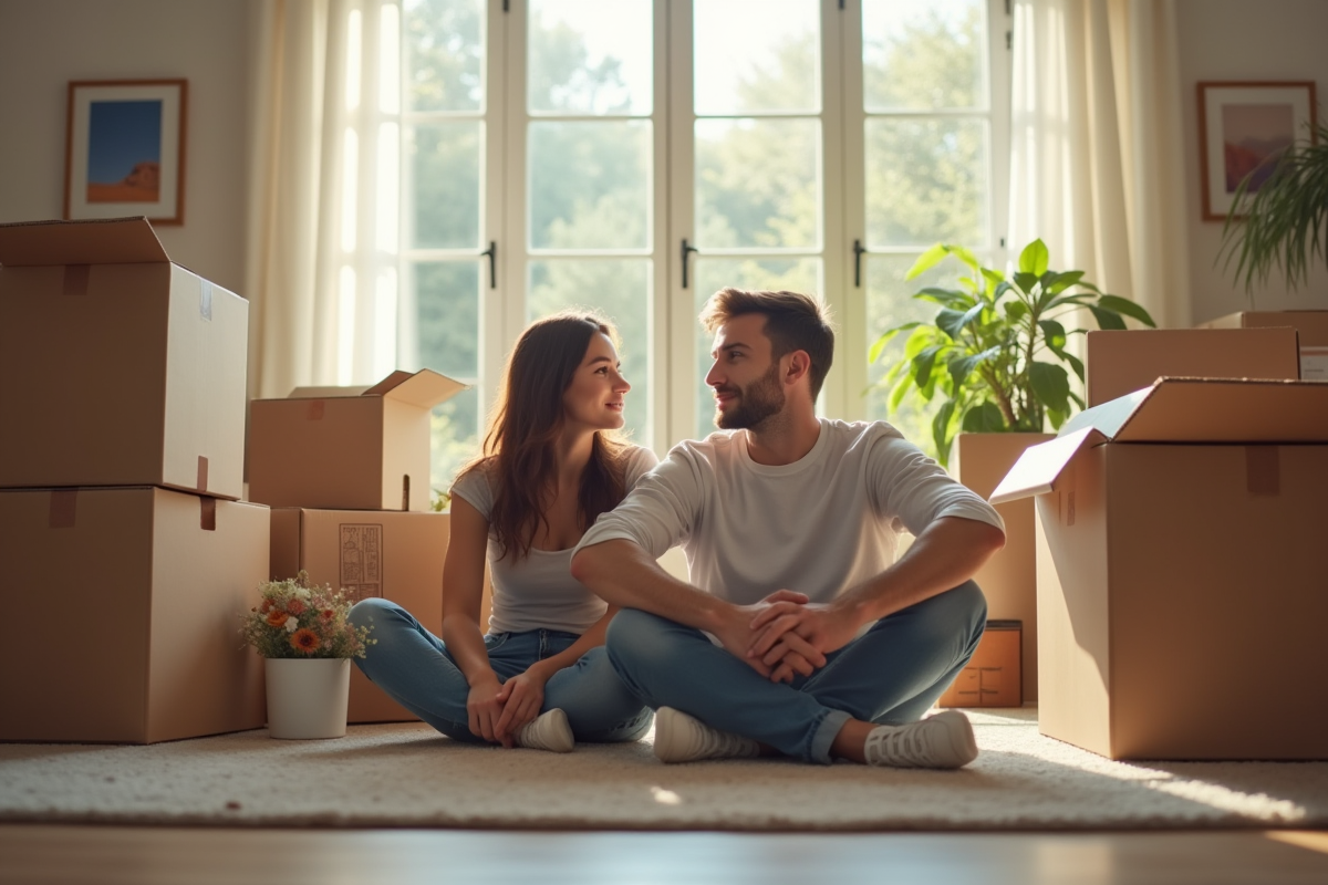 Jeune couple fatigué entouré de cartons dans un salon ensoleille