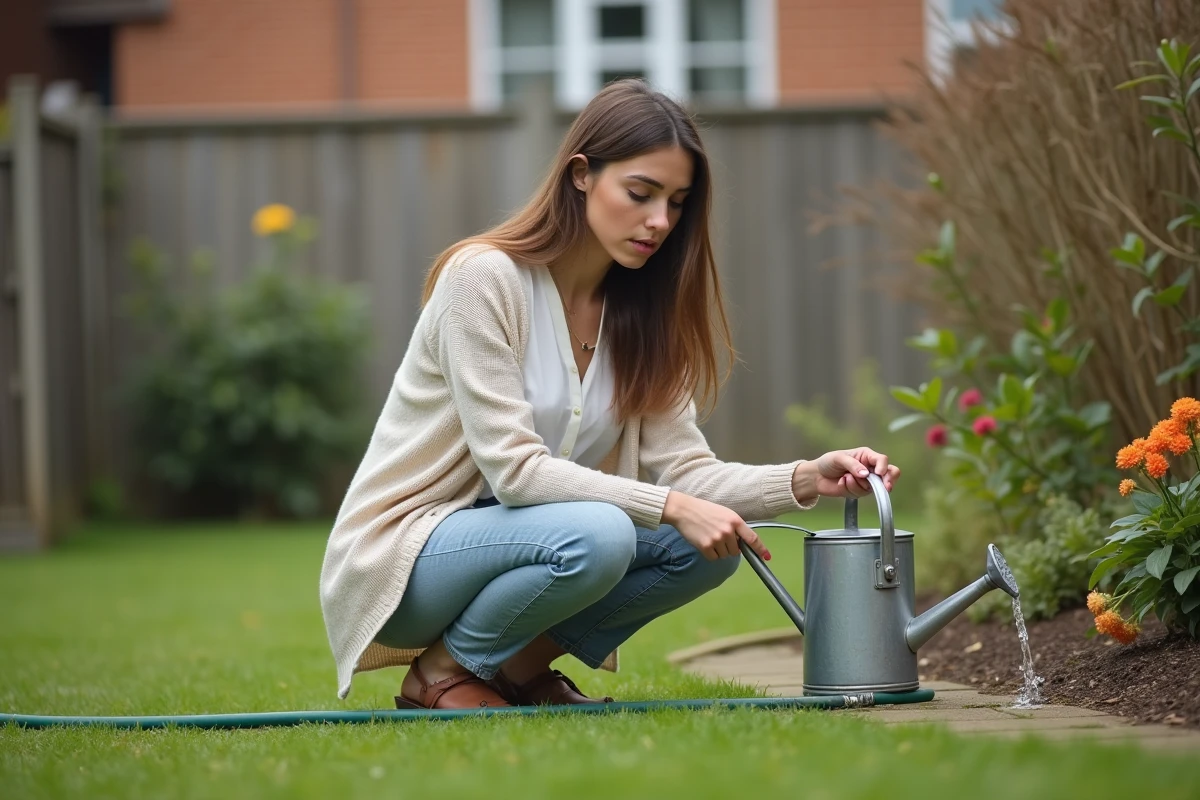 Jeune femme arrosant ses plantes dans le jardin avec un arrosoir