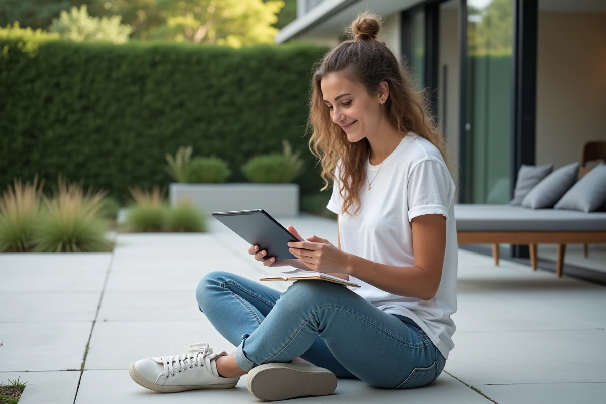 Jeune femme assise sur un patio en béton regardant une tablette