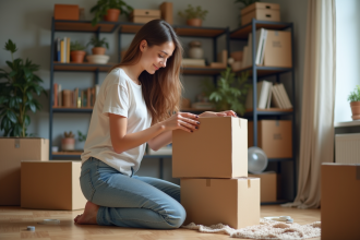Jeune femme examine des cartons dans un appartement cosy