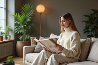Jeune femme élégante tenant un nuancier dans un salon moderne