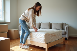 Jeune femme emballant une base de lit en moving blanket